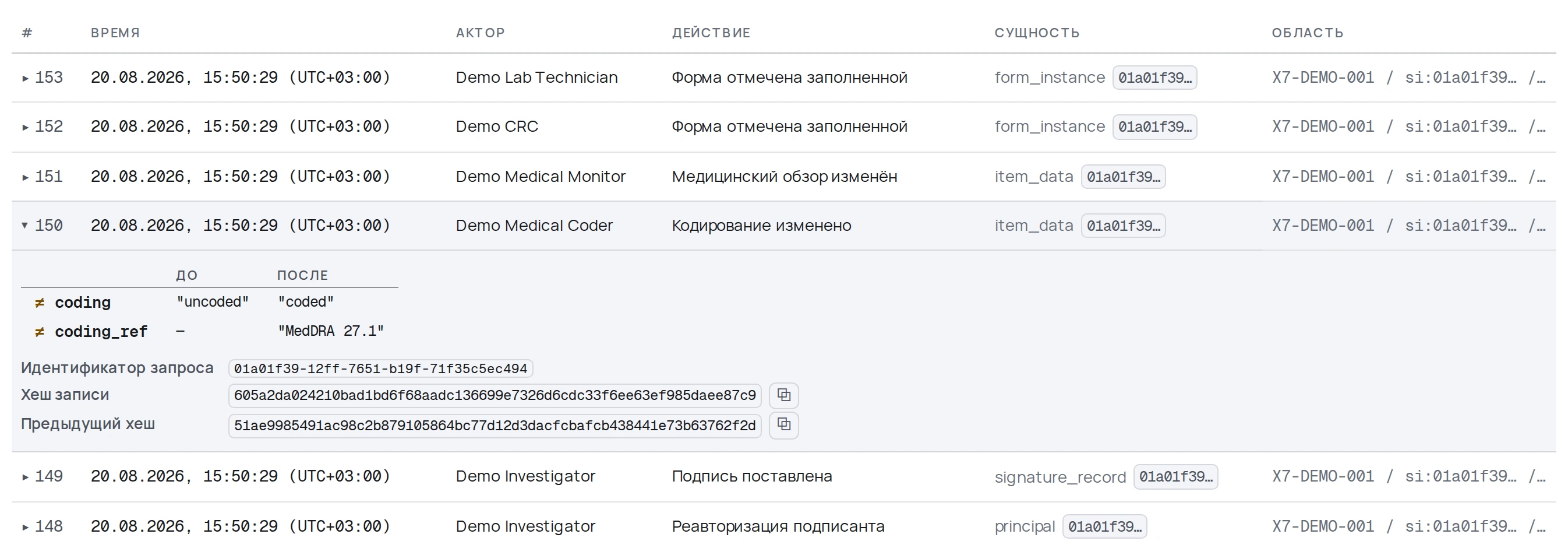 Журнал аудита в X7 Insight: строка раскрыта — видны значения до и после, автор и хэш-цепочка
